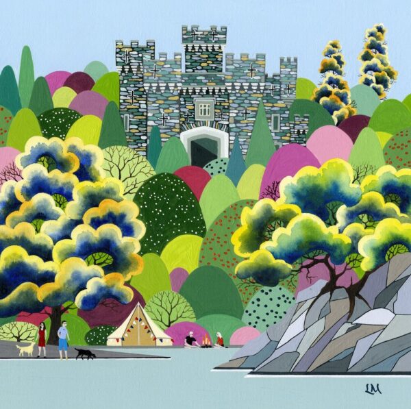 Lake District art by Linda Mellin. A colourful contemporary print of Wray Castle at Low Wray- Ambleside- Cumbria with views of Lake Windermere