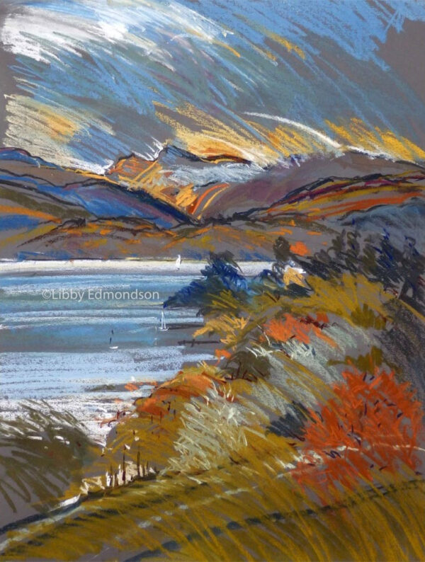 Lake District art by Libby Edmondson. The Langdales from Miller Howe 2013 featuring the langdale pikes in an etched abstract contemporary style