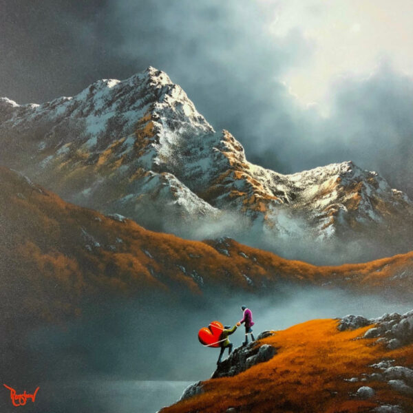 Everlasting Love a giclee print on canvas by David Renshaw. Part of the Northern Romance series based on the Lake District, Ted and Doris and climbing a hill with a heart on his back, a lake and snowy mountain in the background.