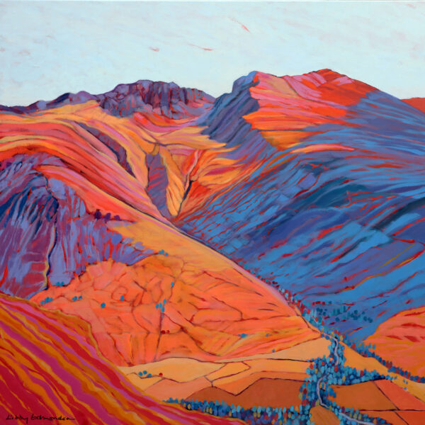 Art print by Lake District artist Libby Edmondson of Scafell Pike II in bright pink orange with blue shadows. The tallest mountain in England
