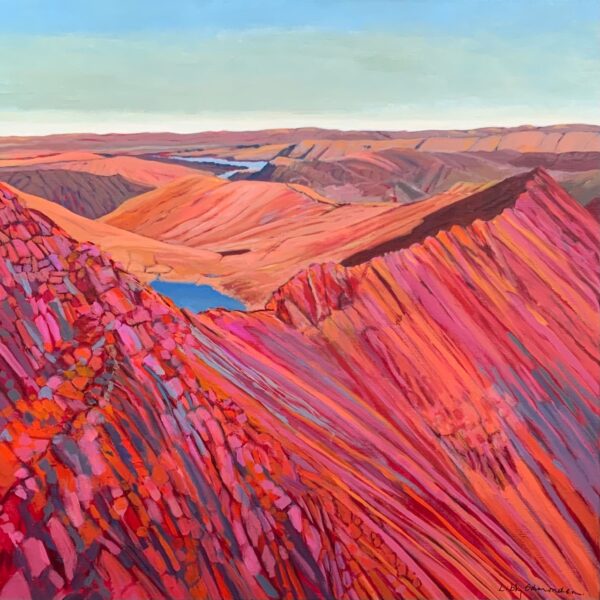 Art print by Lake District artist Libby Edmondson of Striding Edge the iconic ridge leading to Helvellyn in bright pink tones with Red Tarn and Ullswater beyond