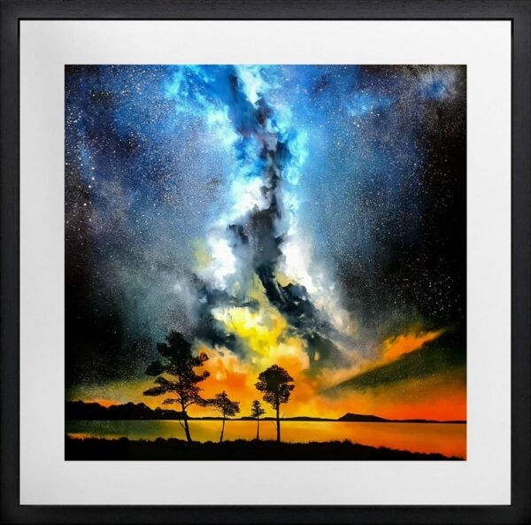 An original oil painting by Artist Richard King. A galaxy painted in blue with a contrasting bright orange sky is painted onto glass.