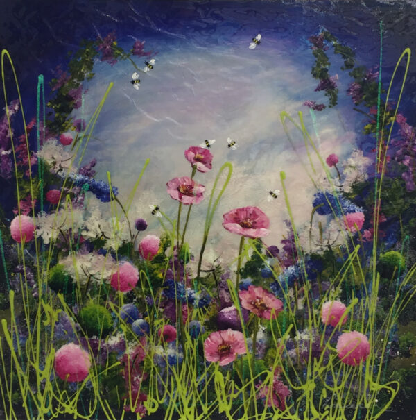 Amongst the Flowers an original mixed media painting by Rozanne Bell.