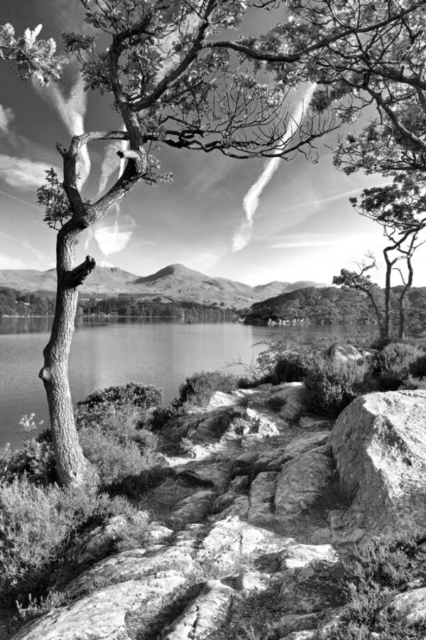black and white photograph of coniston and the old man of coniston by jon allison