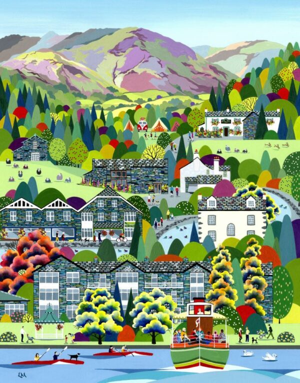 Lake District art by Linda Mellin. Ullswater includes - Helvellyn/ The Travellers Rest and Gillside Campsite/ Glenridding Village/ Inn on the Lake Hotel/ Ullswater Steamboat in bright colours