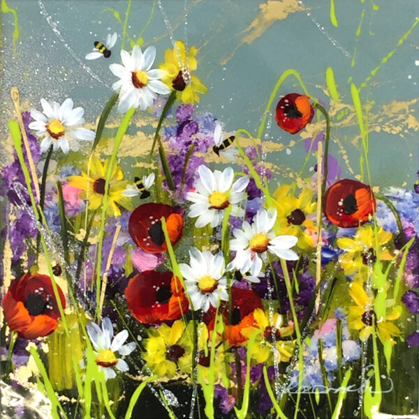 busy bees fly around wild flowers including daisies and poppies in this vibrant mixed media original artwork by Rozanne Bell