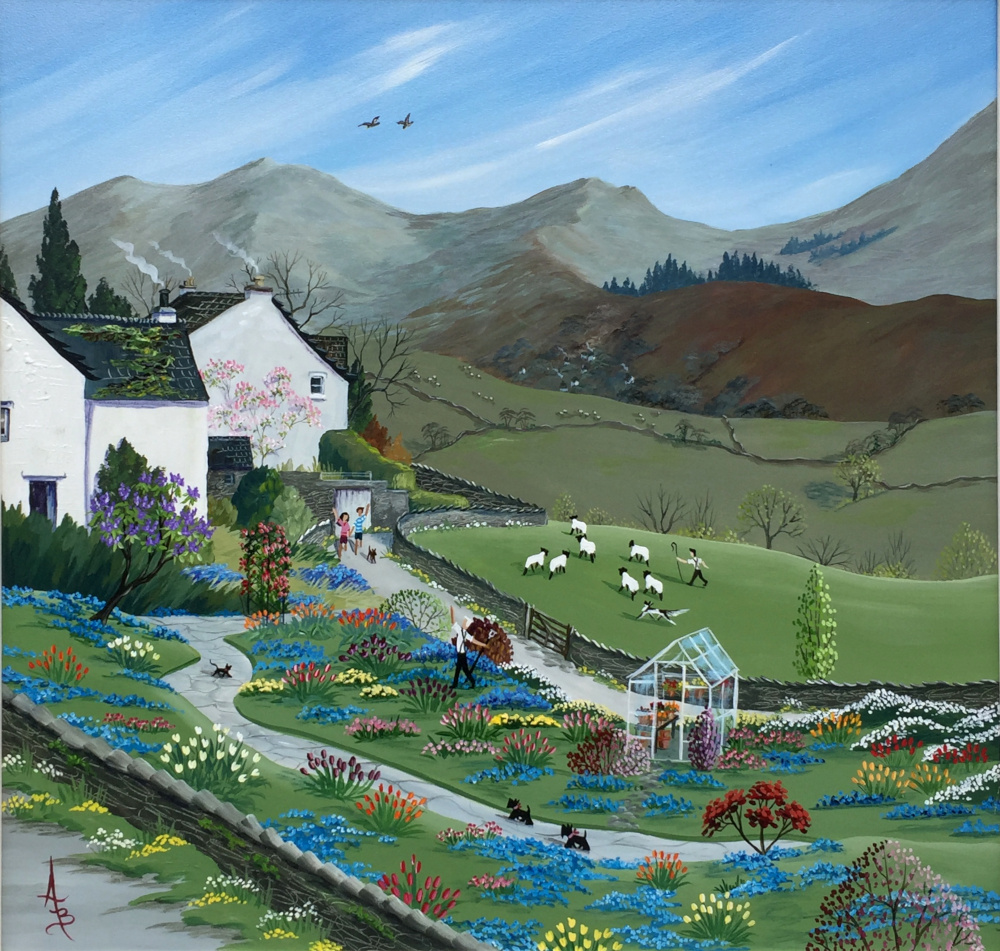 Garden with a View Troutbeck by Anne Blundell An original acrylic painting by Aritst Anne Blundell of a beautiful spring garden in Troutbeck. Tulips grow in the feilds