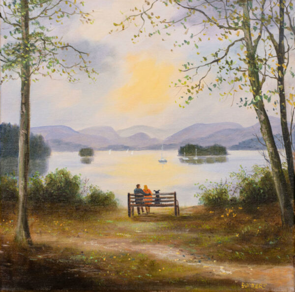 Lake District print by Jeff Sudders of a couple sat on a bench at Friars Crag overlooking Derwentwater in the sunshine. A clear view of the fells near Keswick.