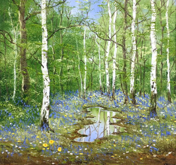 An original oil painting by artist Terry Evans featuring spring flowers growing in a still forest.