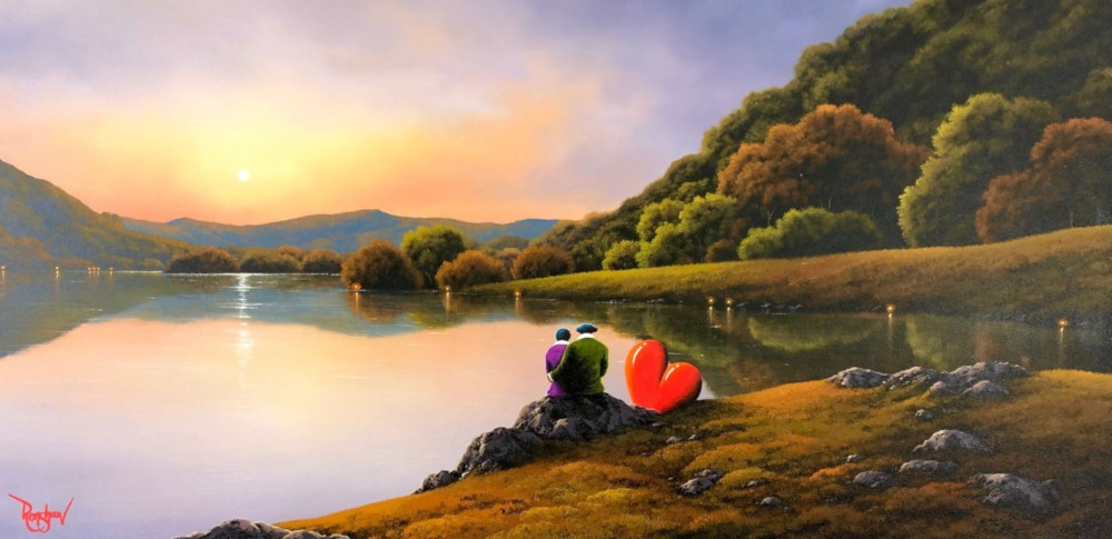 So Happy Together by David Renshaw Limited edition print by David Renshaw with hand embellished heart. Latest in Northern Romance series featuring Ted and Doris sitting beside the lake and mountains surrounding them.