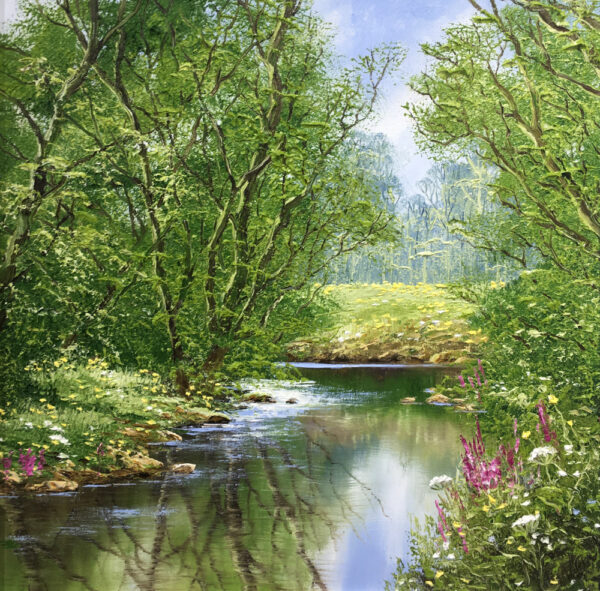 An original oil painting by artist Terry Evans. A spring woodland is reflected in the still water of the Lake District.