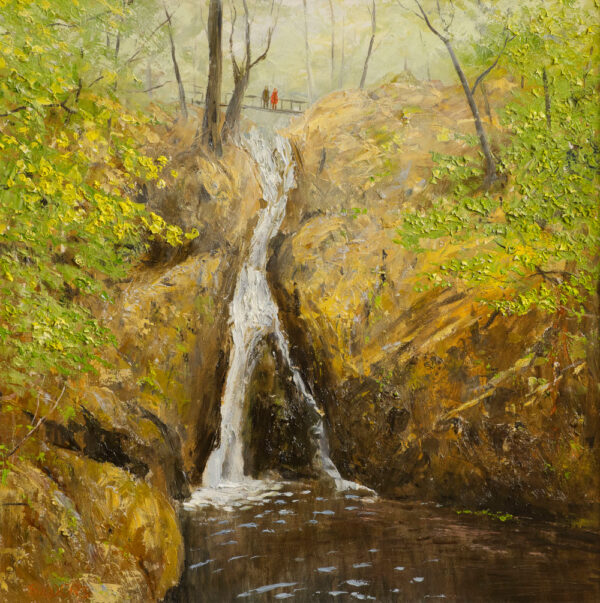 Print by Lake District artist Jeff Sudders of Stock Ghyll Force waterfalls Ambleside