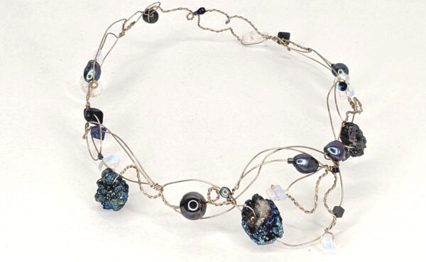 Silver Collar with Blue Crystals and Freshwater Pearls by Jan Huntley Peace