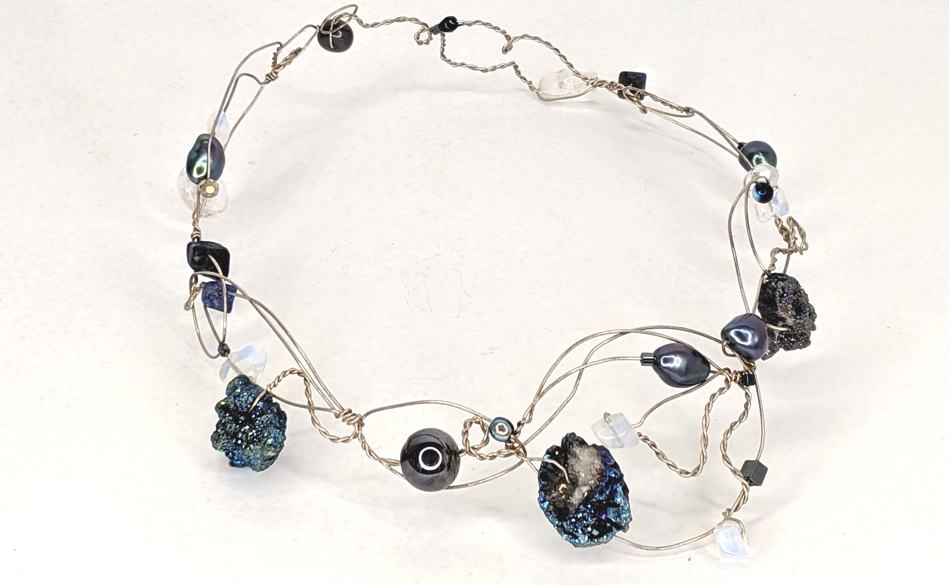 Silver Collar with Blue Crystals and Freshwater Pearls Silver Collar with Blue Crystals and Freshwater Pearls by Jan Huntley Peace