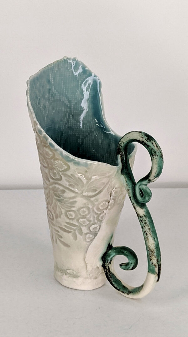 Small Porcelain Shell Vessel with Green Stem Handle by Jan Huntley Peace