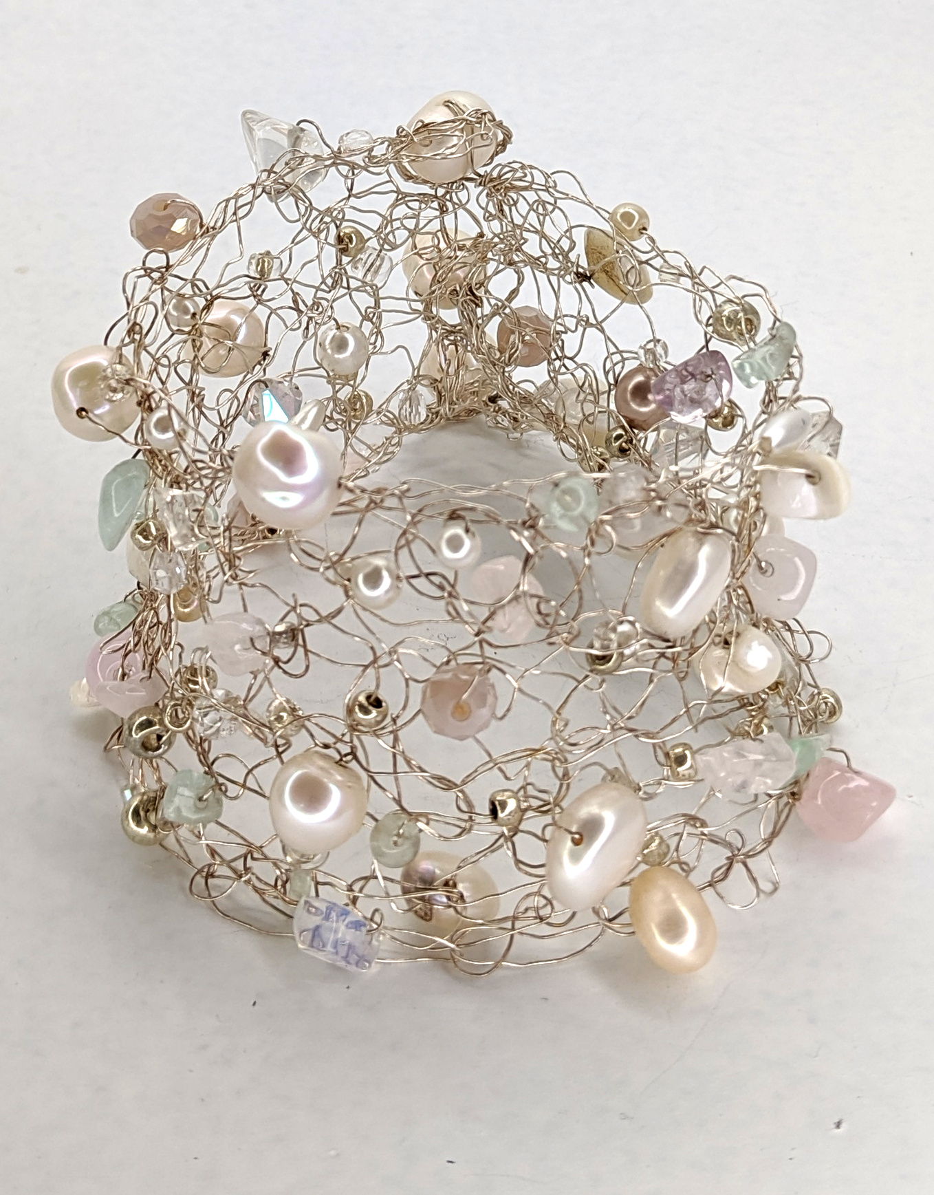 Woven fine silver cuff with freshwater pearls by Jan Huntley Peace Silver Net Bracelet with Freshwater Pearls by Jan Huntley Peace