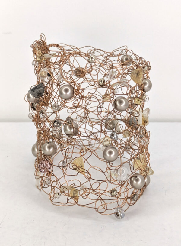 Woven Bronze Cuff with Citrine Stones and Freshwater Pearls by Jan Huntley Peace