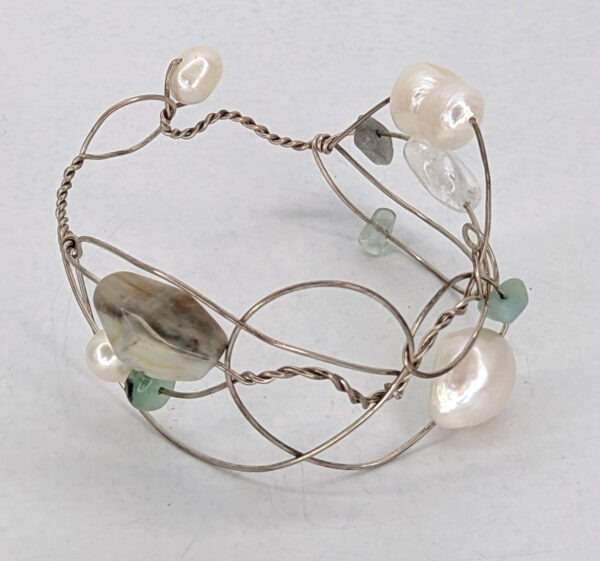 Silver Cuff with Green Flurite and Freshwater Pearls by Jan Huntley Peace