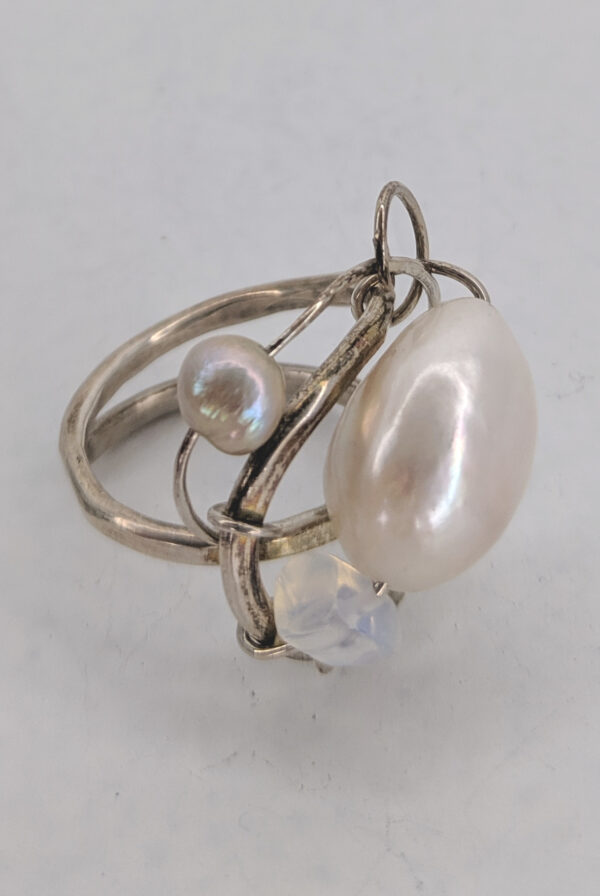 Silver Ring with Clear Quartz and Freshwater Pearl by Jan Huntley Peace