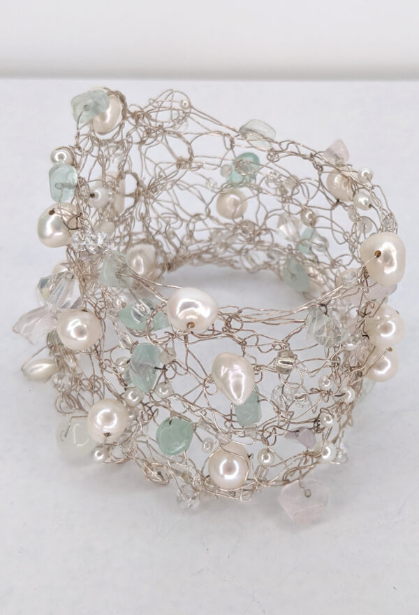 Woven Fine Silver Cuff with Freshwater Pearls and Aquamarine Gems by Jan Huntley Peace