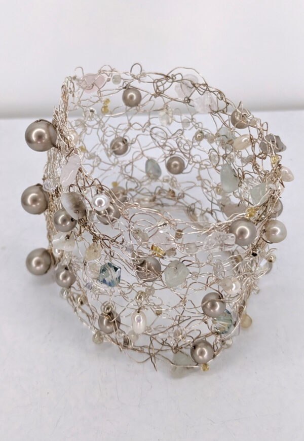 Woven Fine Silver Cuff with Grey Agate and Freshwater Pearls by Jan Huntley Peace