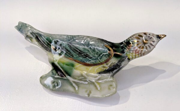 Ceramic Bird Brooch with Gold Lustre by Jan Huntley Peace