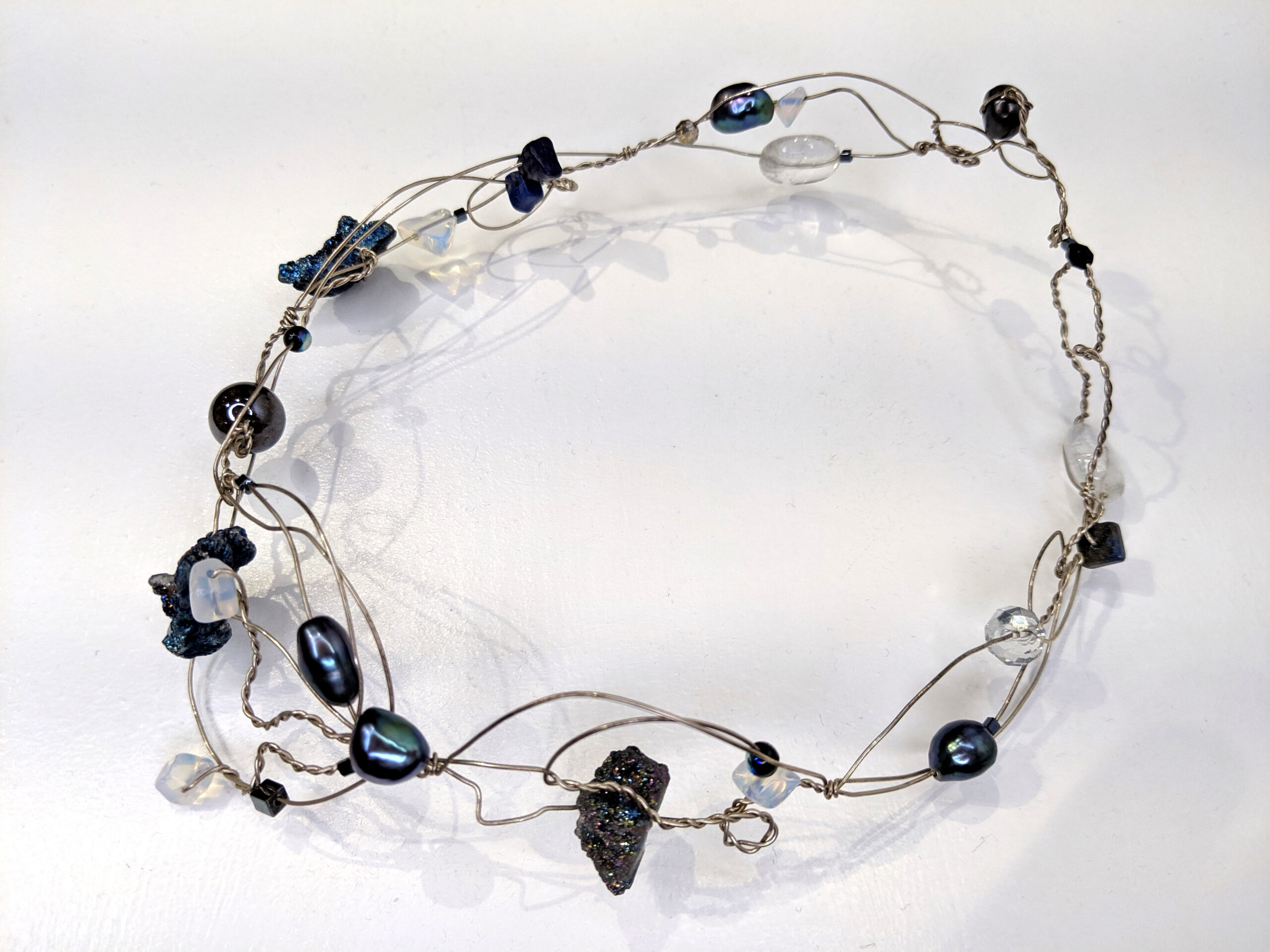 Silver Collar with Blue Crystals and Freshwater Pearls by Jan Huntley Peace