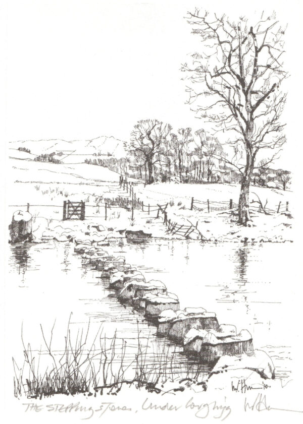 Stepping stones under loughriig on the river rothay in the lake district drawing by nigel hutchinson