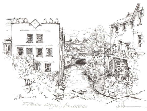 Stock ghyll and the old mill pen and in drawing by Nigel Hutchinson Ambleside artist