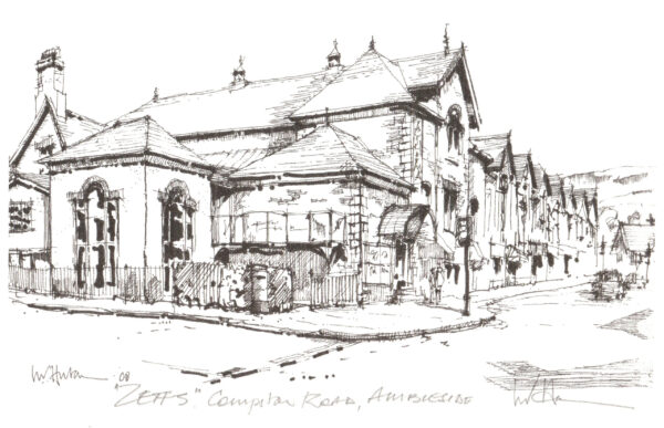 Zeffirellis restaurant and cinema in Ambleside a pen and ink drawing by Nigel Hutchinson