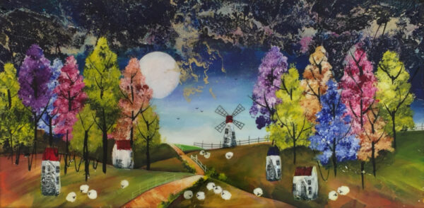 Original acrylic and mixed media painting by Rozanne Bell of the rolling countryside with sheep grazing, trees in full bloom under the starry night sky.
