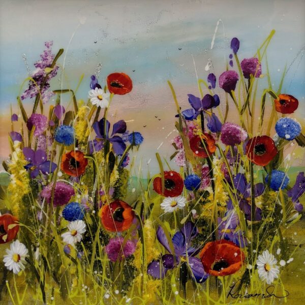 Where Flowers Bloom an original mixed media painting by Rozanne Bell.