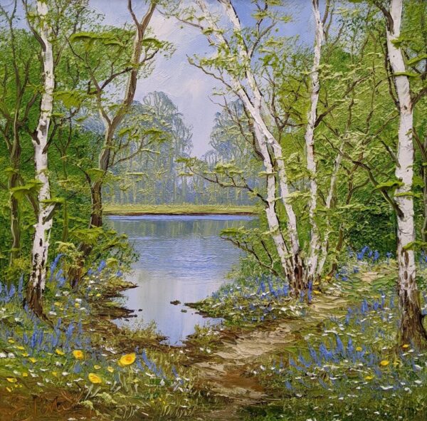 A Quiet Stroll an original oil painting by Terry Evans. A beautiful Spring painting with his impasto style adding a sculptural aspect to the painting.