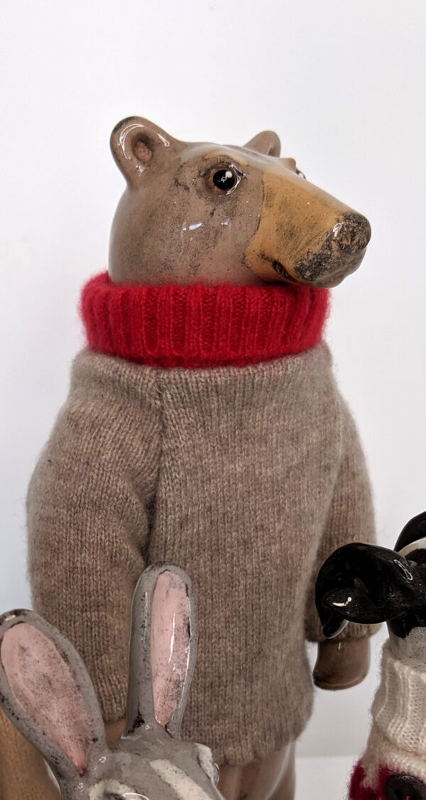 Ceramic Bear with Red Roll-Neck Cashmere Jumper handmade by Gwen Vaughan