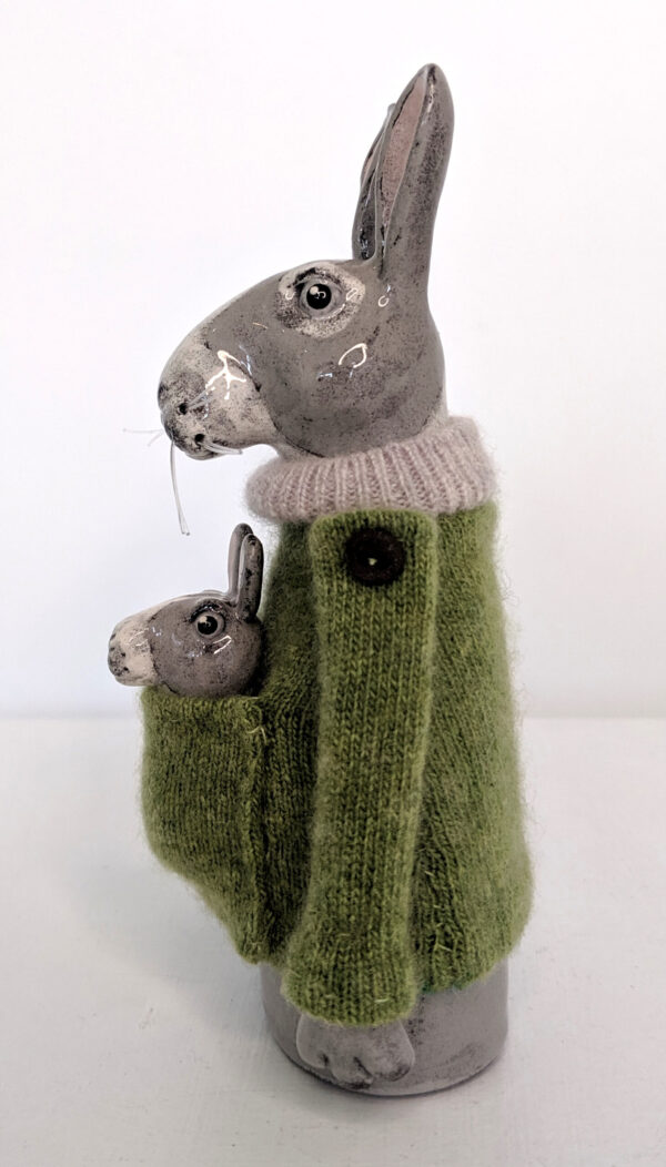 Ceramic Rabbit with Baby Kit in Pouch by Gwen Vaughan
