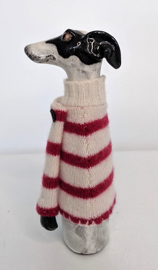 Ceramic hound with Stripey Roll-Neck Jumper handmade by Gwen Vaughan