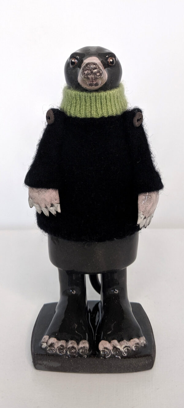 Ceramic Mole in Black Cashmere Jumper handmade by Gwen Vaughan
