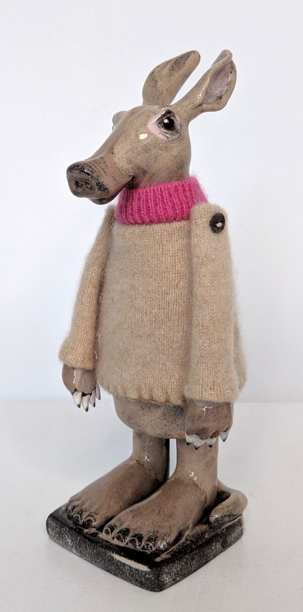 Ceramic Aardvark with Pink Roll-Neck Cashmere Jumper handmade by Gwen Vaughan