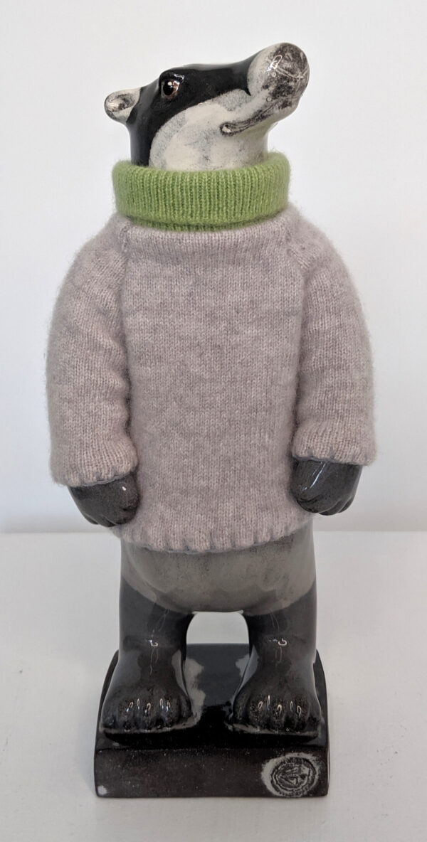 Ceramic Badger with Green Roll-Neck Cashmere Jumper handmade by Gwen Vaughan