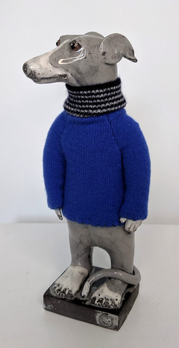 Ceramic Grey Hound with Blue Cashmere Jumper handmade by Gwen Vaughan