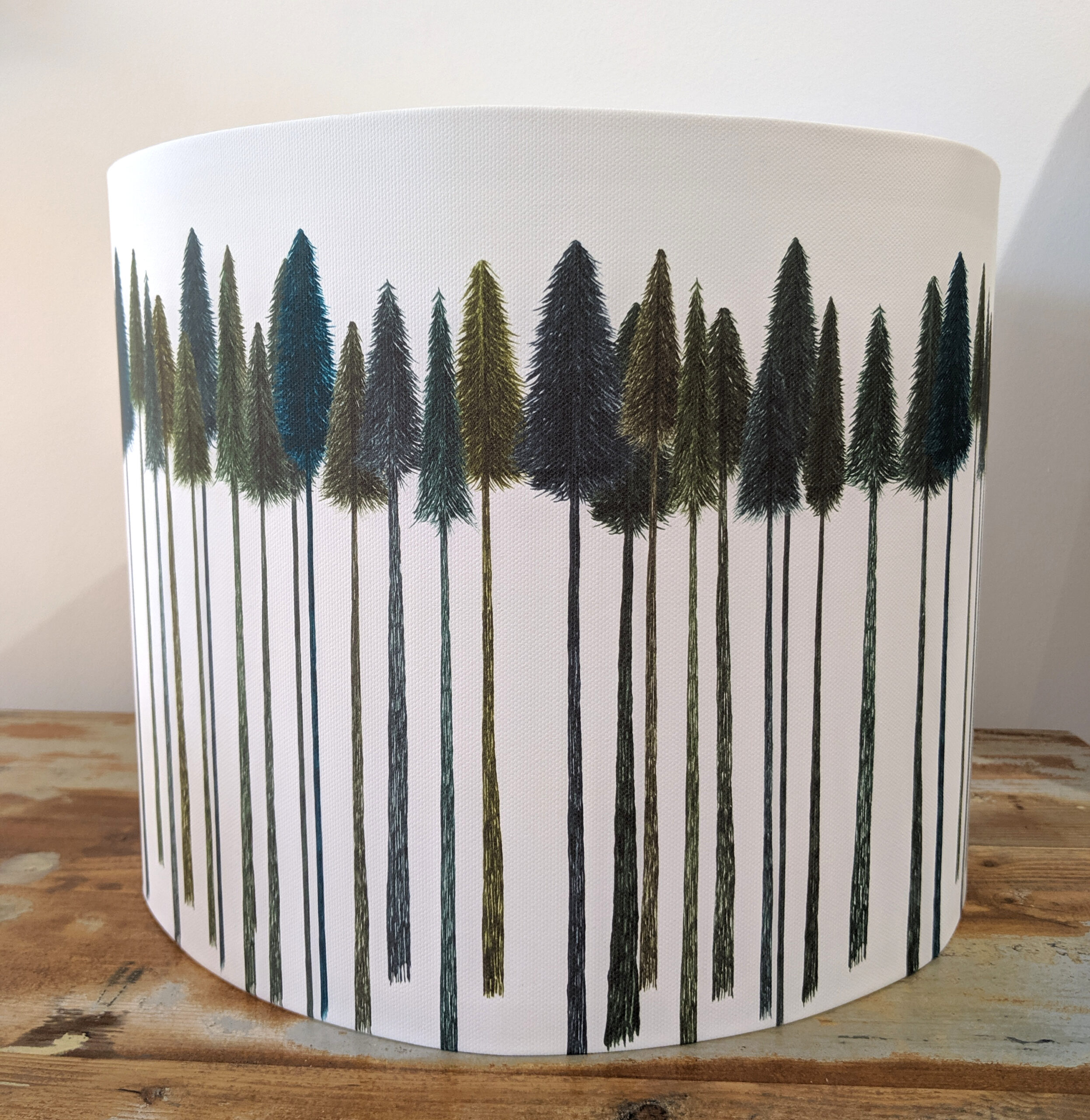 Large 30cm diameter lampshade with Green Trees illustration printed onto parchment paper
