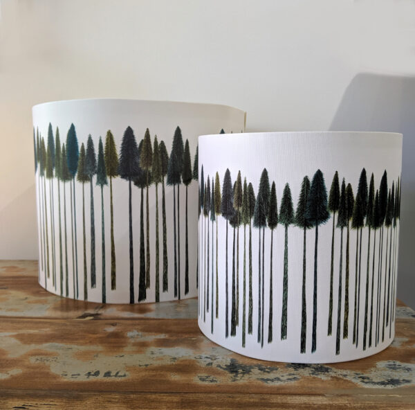 Two lampshades by A Northern Light with a Green Trees illustration