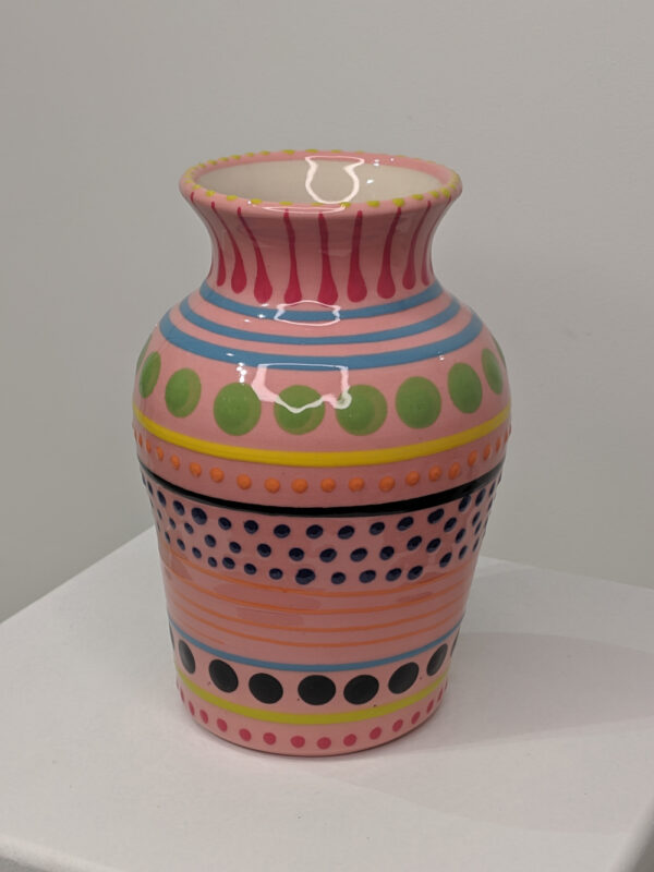 Pink ceramic vase by Lincoln Kirby Bell, decorated with dots, dashes and lines