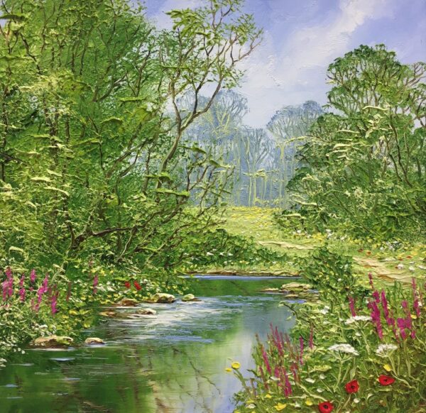 Summer Stream an original oil painting by Terry Evans. A beautiful Spring painting with his impasto style adding a sculptural aspect to the painting.
