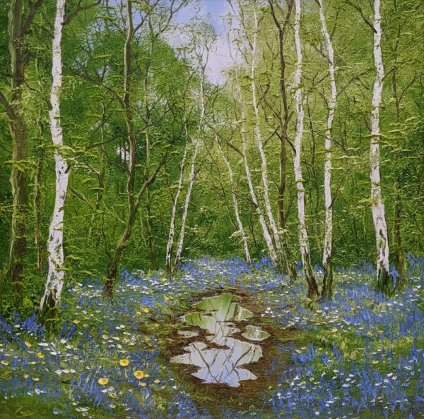 Through the Forest an original oil painting by Terry Evans. A beautiful spring scene featuring a river with bright green trees and various flowers