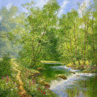 original oil painting by terry evans featuring a river weir with cascading fresh water flowing through bright summer flowers on the riverbank and green trees