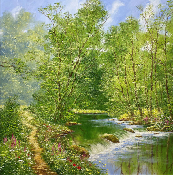 original oil painting by terry evans featuring a river weir with cascading fresh water flowing through bright summer flowers on the riverbank and green trees