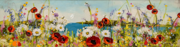 All that Glitters an original mixed media painting by Rozanne Bell. A bright shoreline with lots of flowers including poppies daisies and foxgloves with bees buzzing around