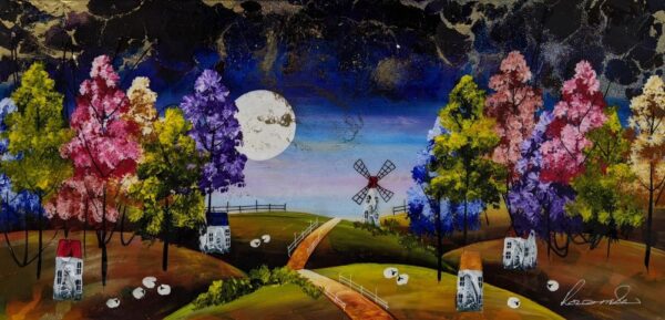 Original acrylic and mixed media painting by Rozanne Bell of the countryside with sheep and houses dotted about underneath blossom trees and the starry sky