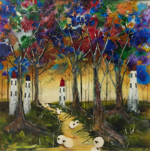 An original artwork by Artist Rozanne Bell of a vibrant forest with fluffy sheep walking into the horizon.